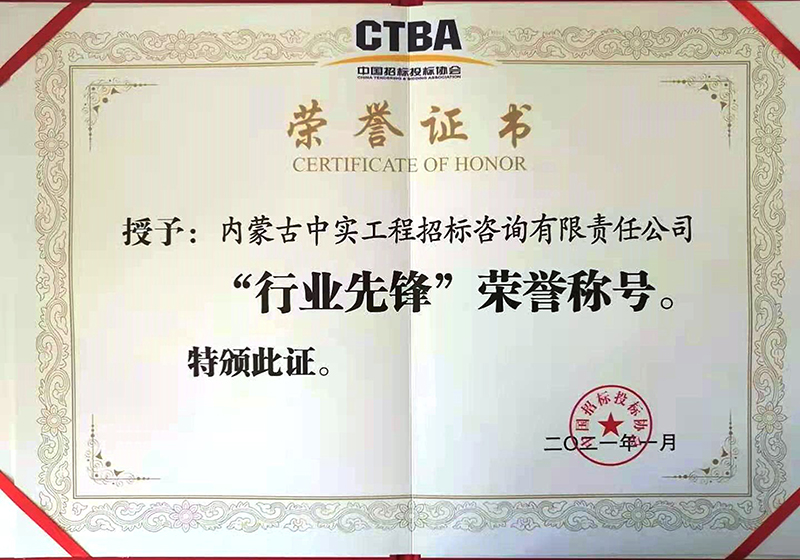 九游体育（NineGameSports）官方网站招标投标协会“行业先锋”荣誉证书